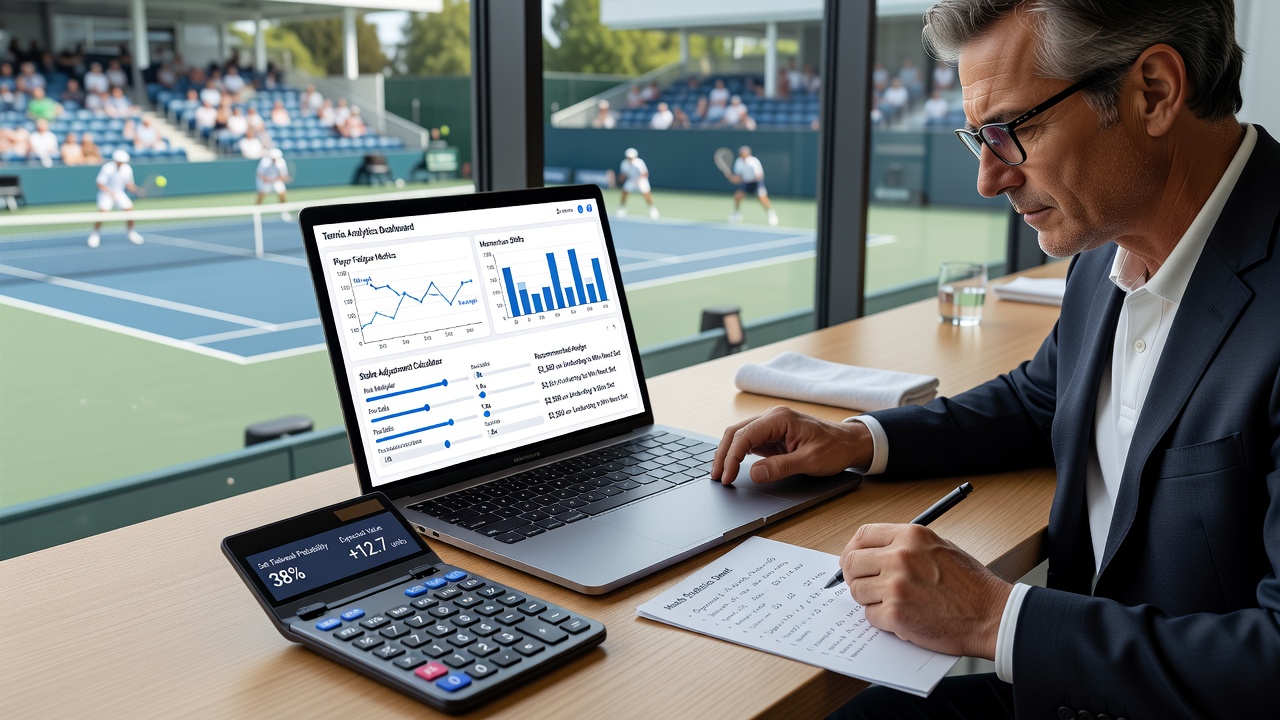 Close-up of calculator interface displaying tennis match stake recommendations during live play