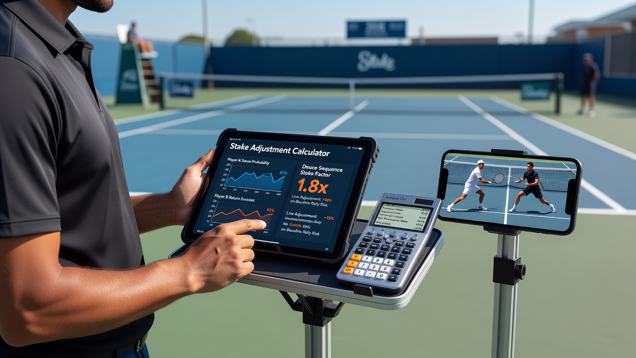 Close-up of a betting calculator interface displaying stake adjustments for a live tennis deuce