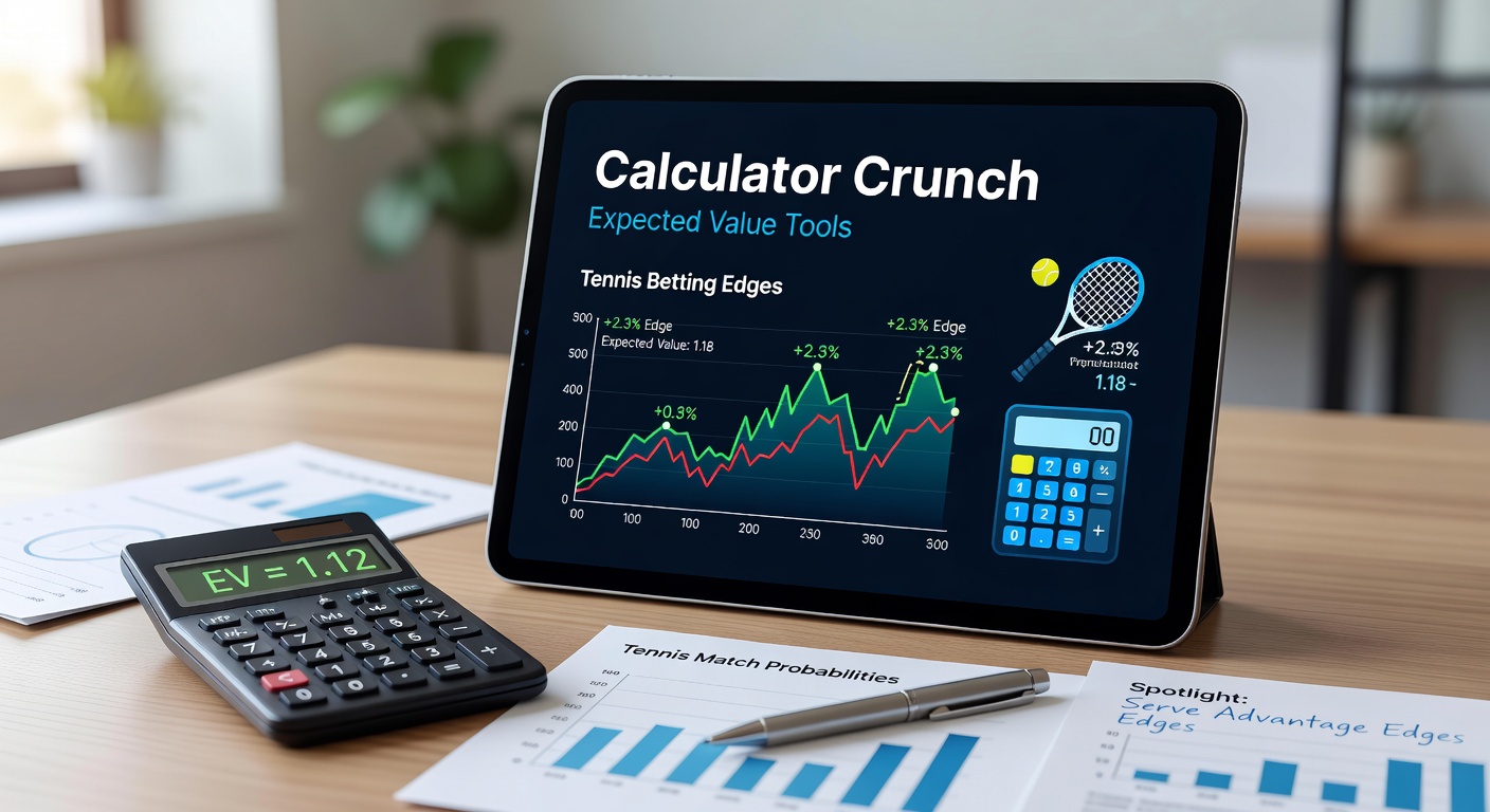 Digital calculator interface displaying expected value calculations for a tennis match, with graphs showing player stats and betting odds