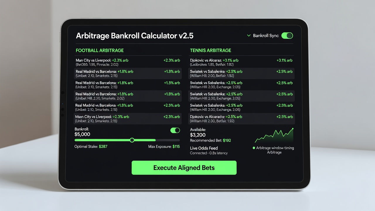 Live odds dashboard showing synchronized arbitrage windows and bankroll limit indicators for tennis and football events
