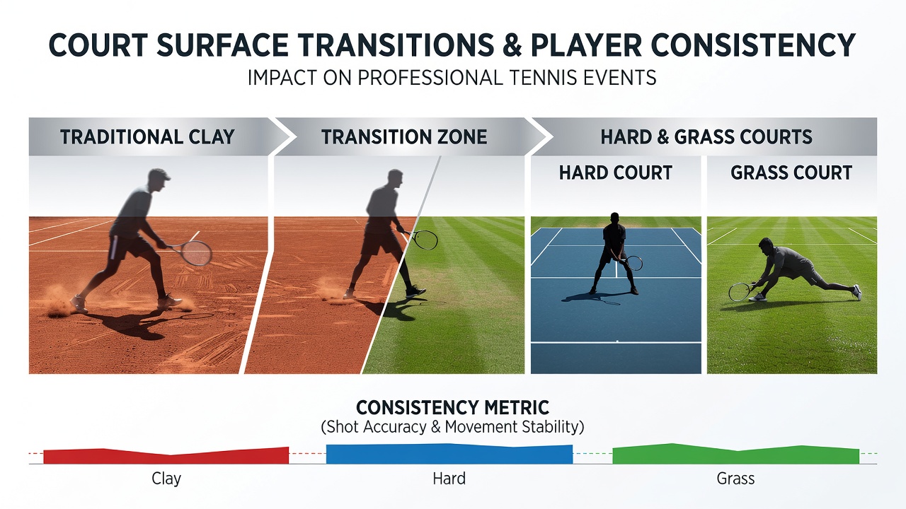 Tennis match on grass court highlighting low bounce and fast conditions