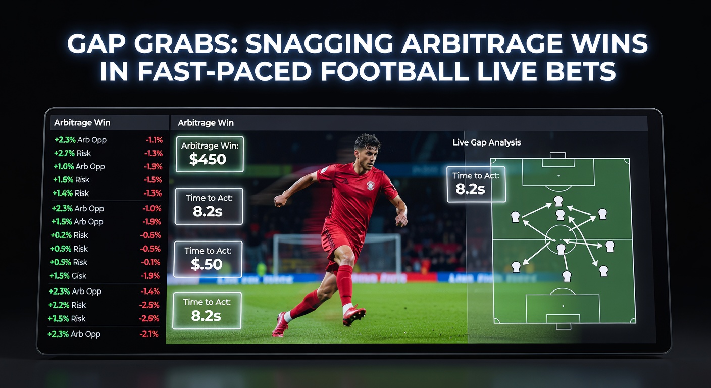 Close-up of a bettor's multi-monitor setup displaying arbitrage alerts and live match streams, with odds gaps highlighted in green during a tense football moment