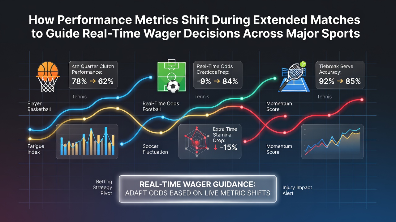 Graph showing shifts in player performance metrics like serve percentage and possession during extended matches in tennis and football