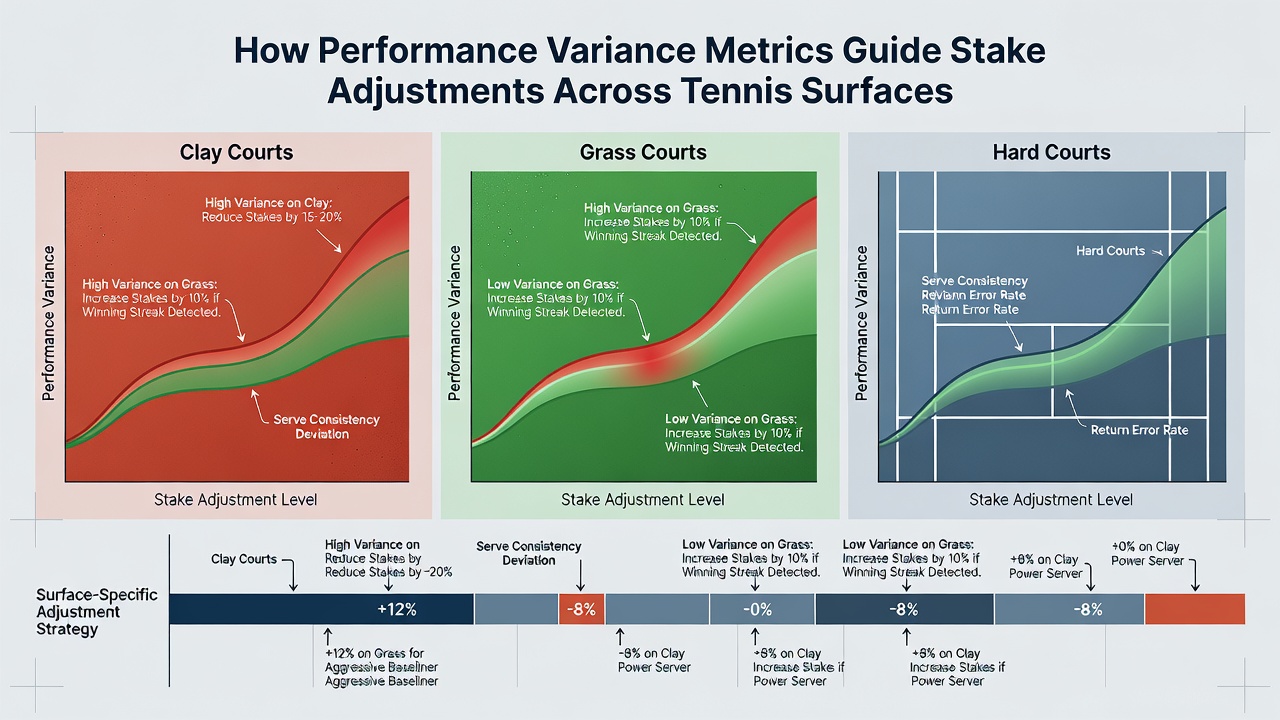 Statistical charts displaying variance metrics across tennis surfaces with stake adjustment examples