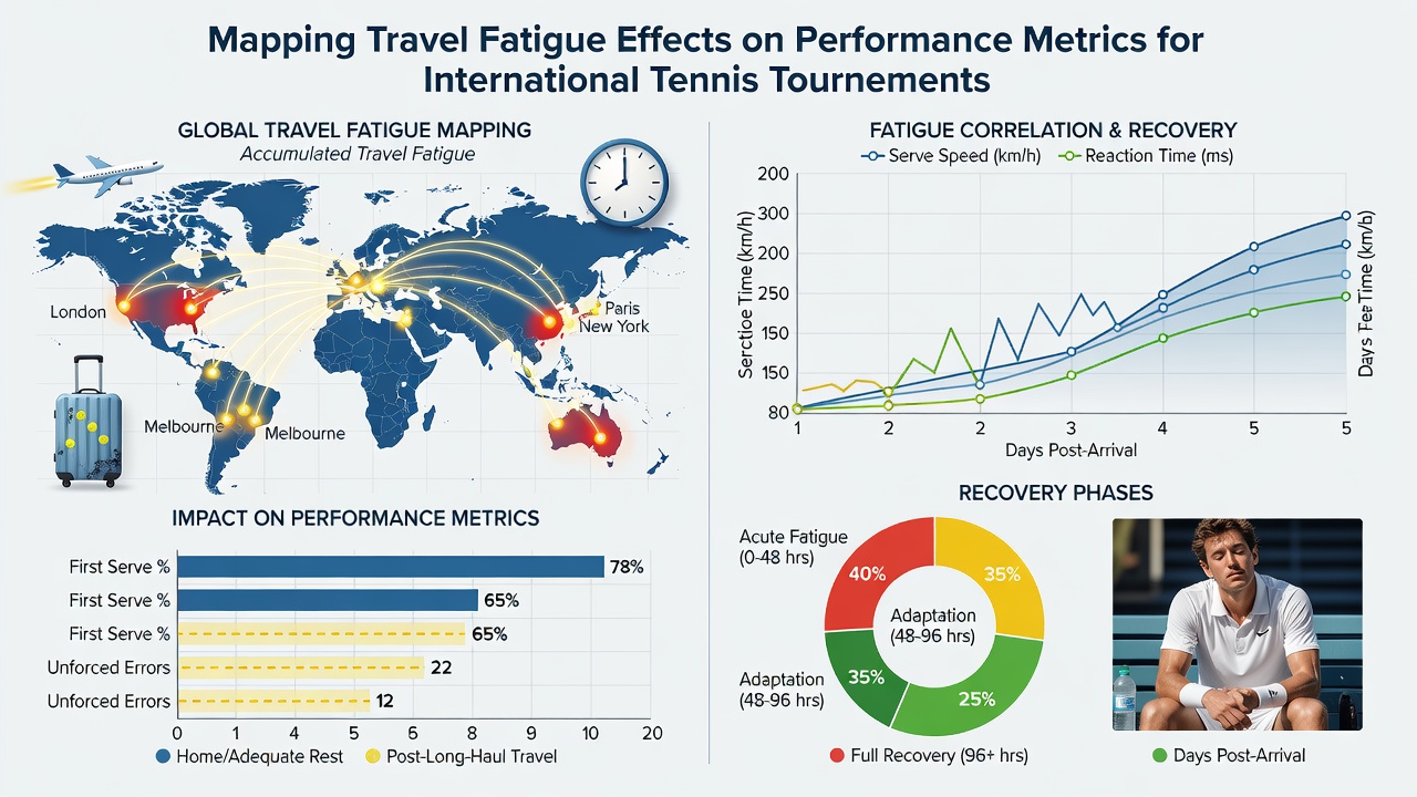 Graph overlay showing tennis performance metrics declining after long-distance travel