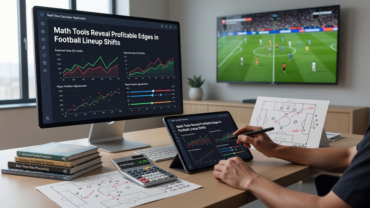 Analyst reviewing football lineup probability outputs on a tablet during a live match window
