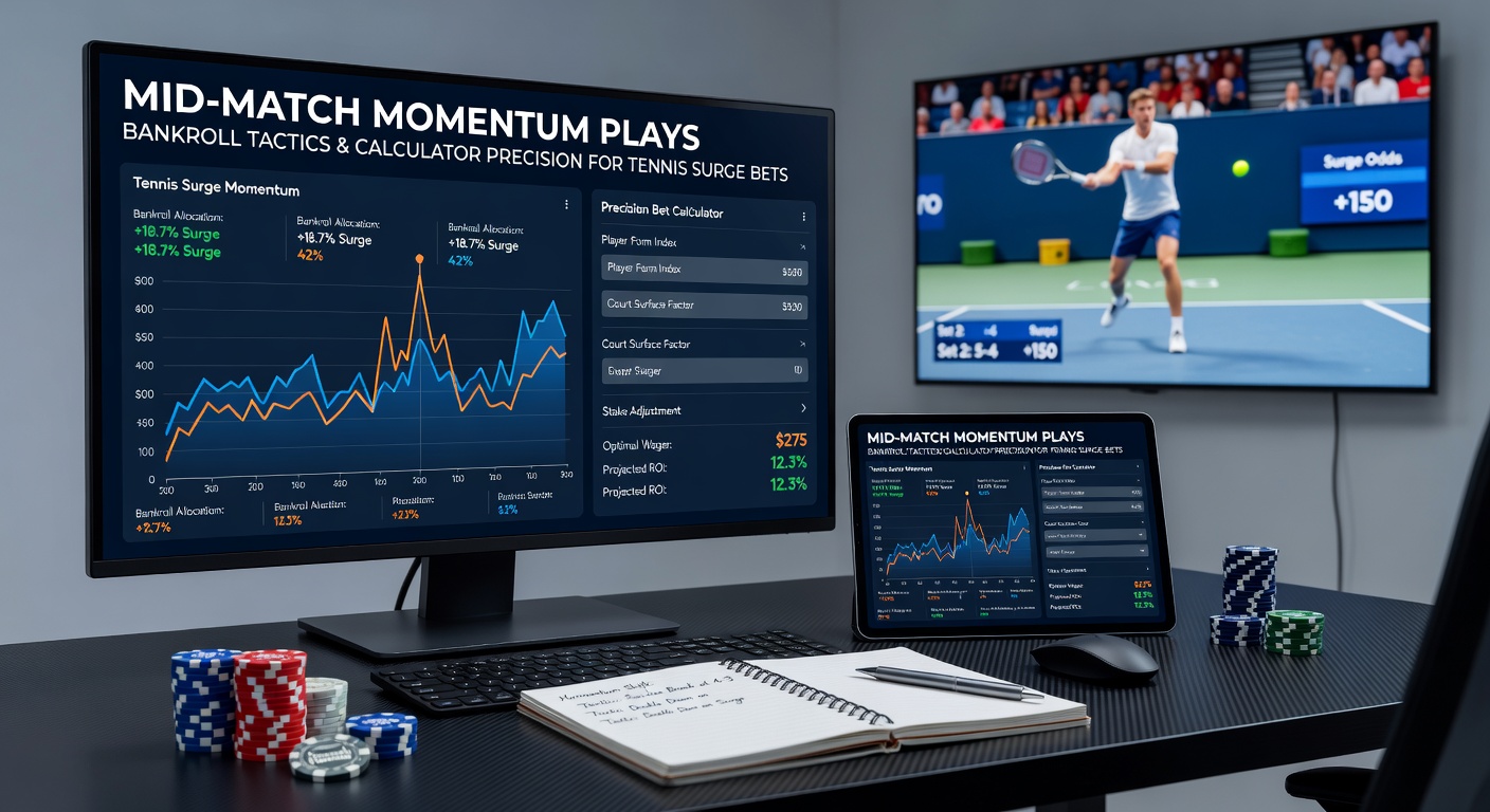 Digital calculator interface displaying tennis betting odds and bankroll projections during a live match surge