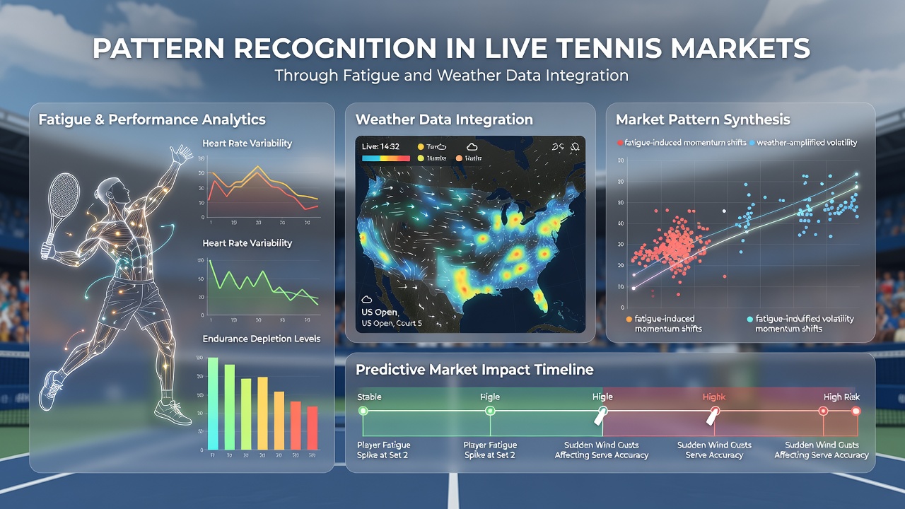 Live tennis match analysis dashboard displaying fatigue and weather data overlays