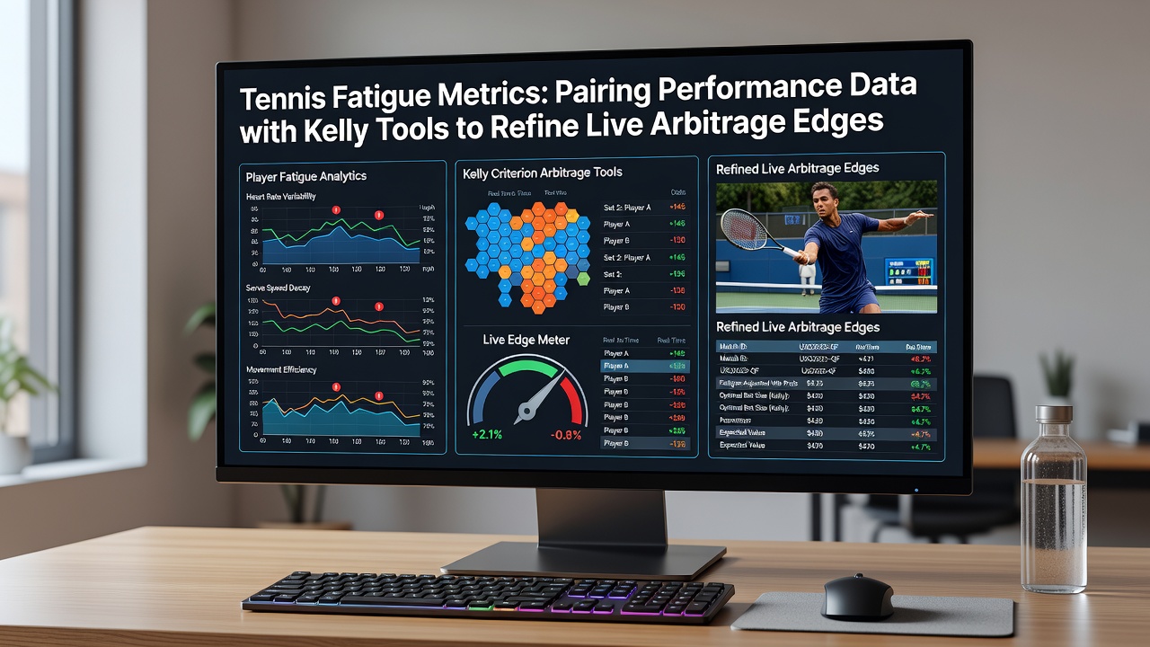 Analytics dashboard displaying tennis fatigue metrics alongside Kelly criterion stake recommendations during a live match