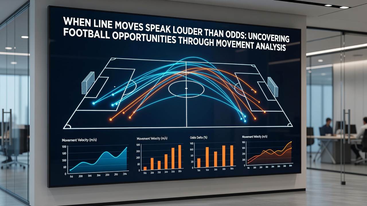 Analyst reviewing football betting charts on multiple screens with line movement arrows and volume indicators